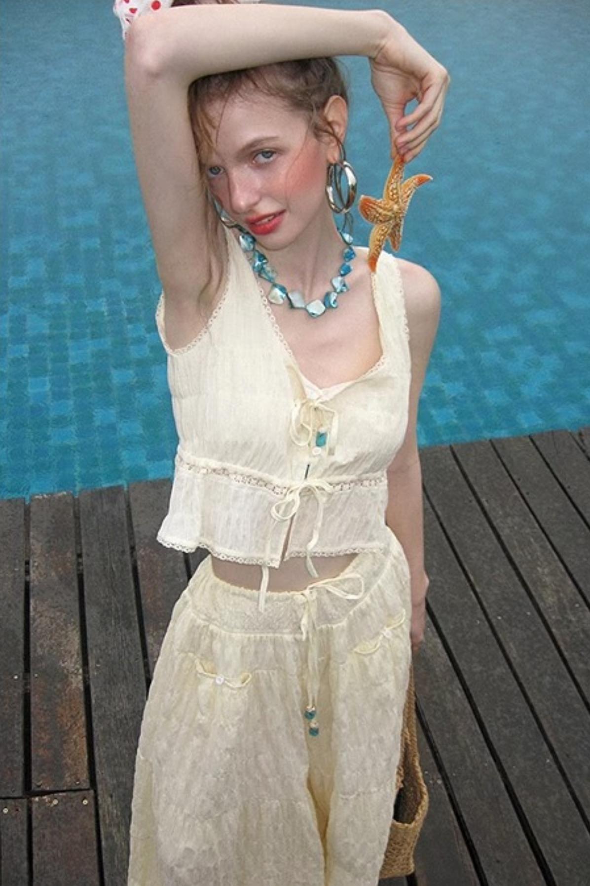 Beige Textured Lace Skirt Set-Up