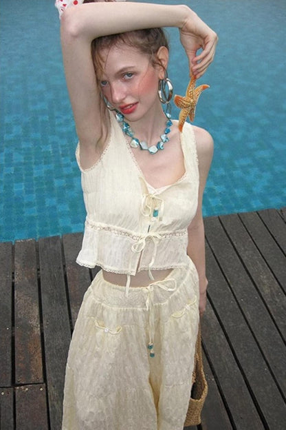 Beige Textured Lace Skirt Set-Up