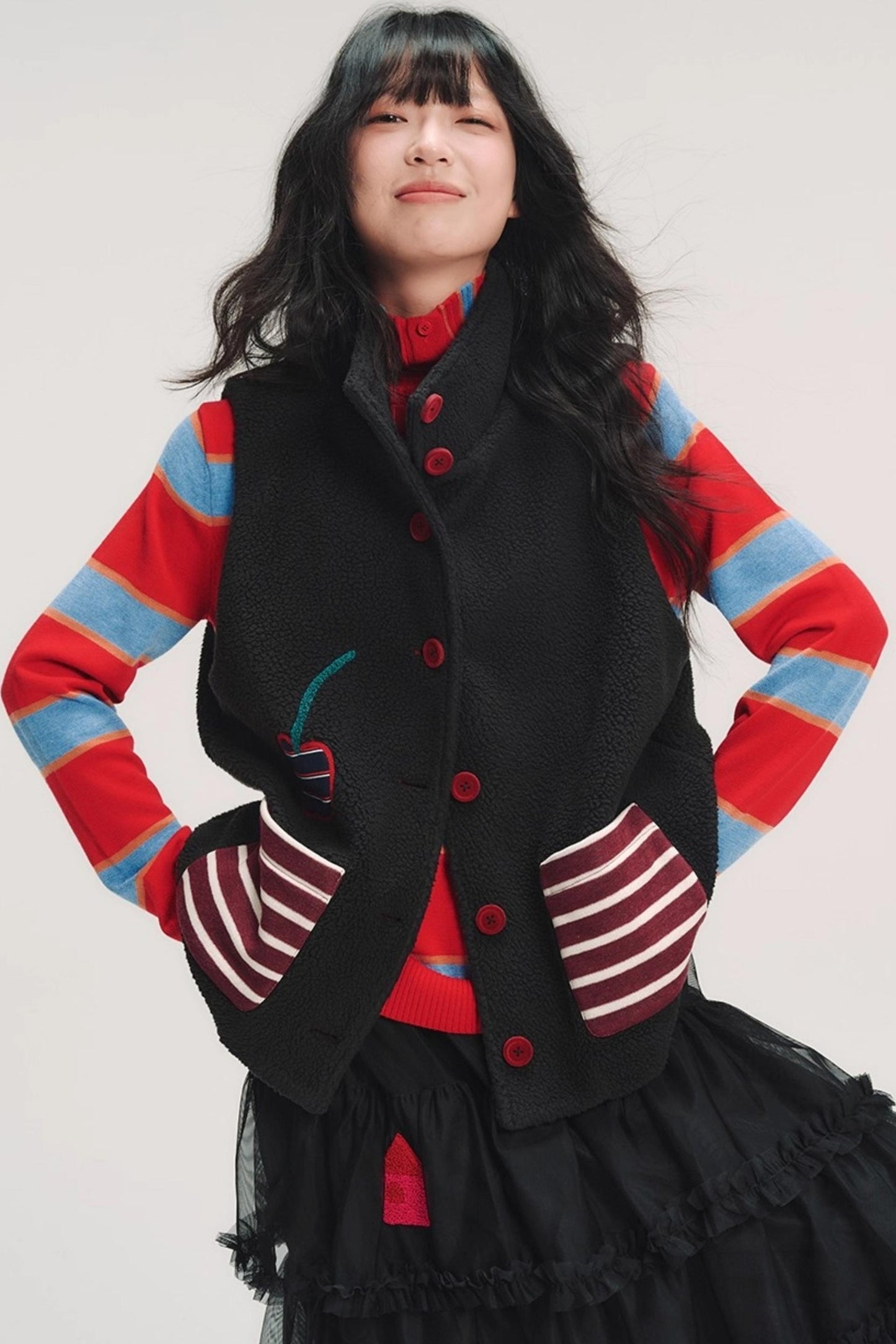 Hand-Painted Cherry Applique Vest Jacket