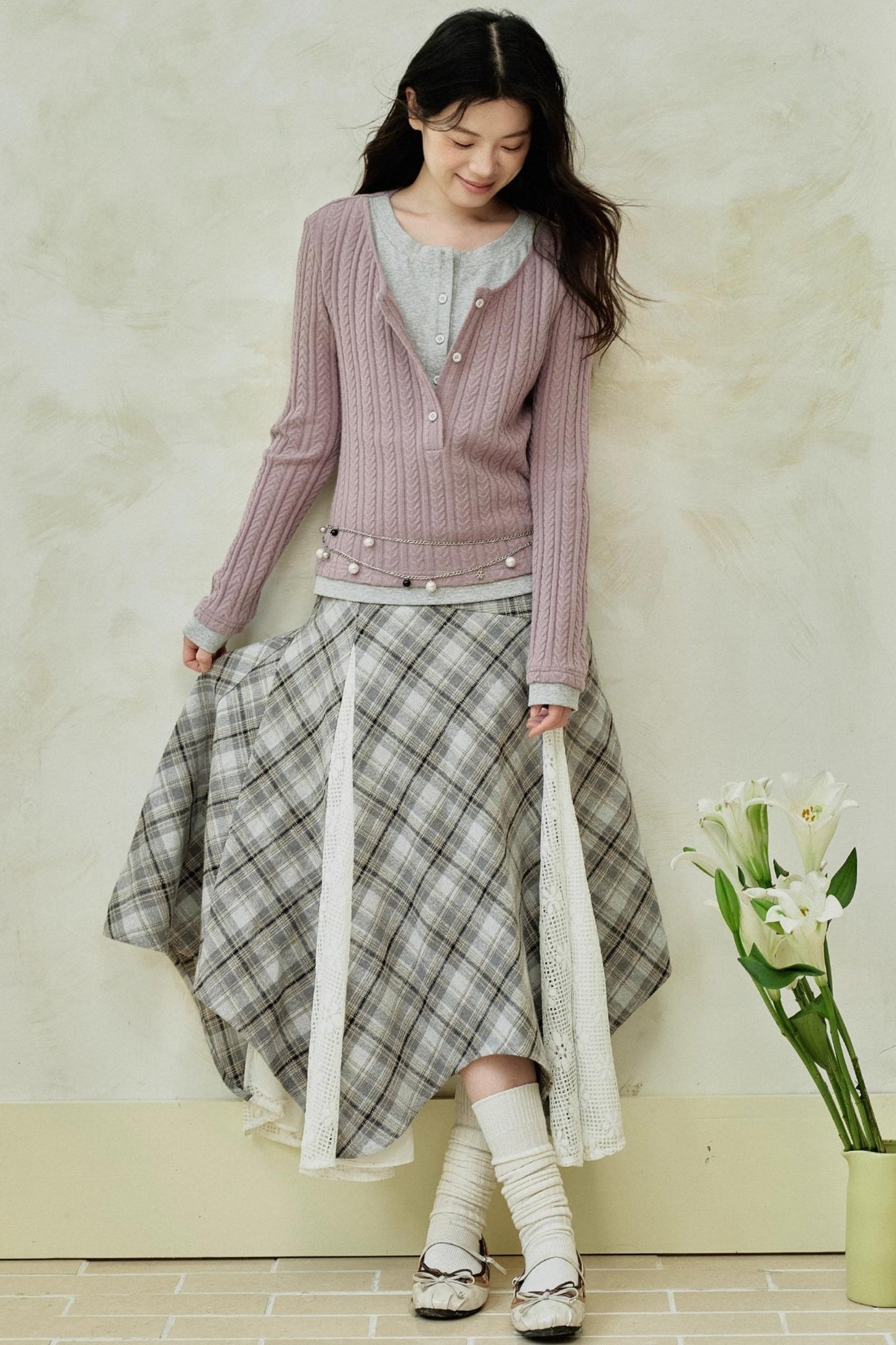 Yellow Purple Knitted Long-Sleeved Tops