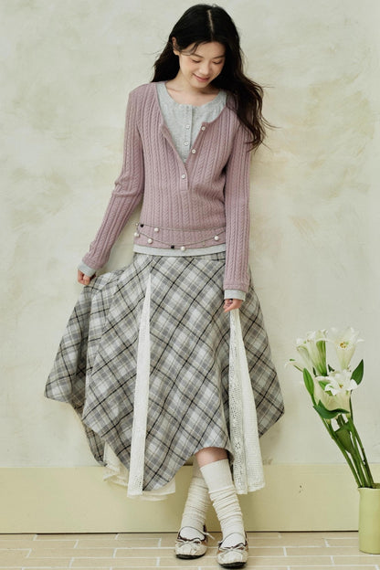 Yellow Purple Knitted Long-Sleeved Tops