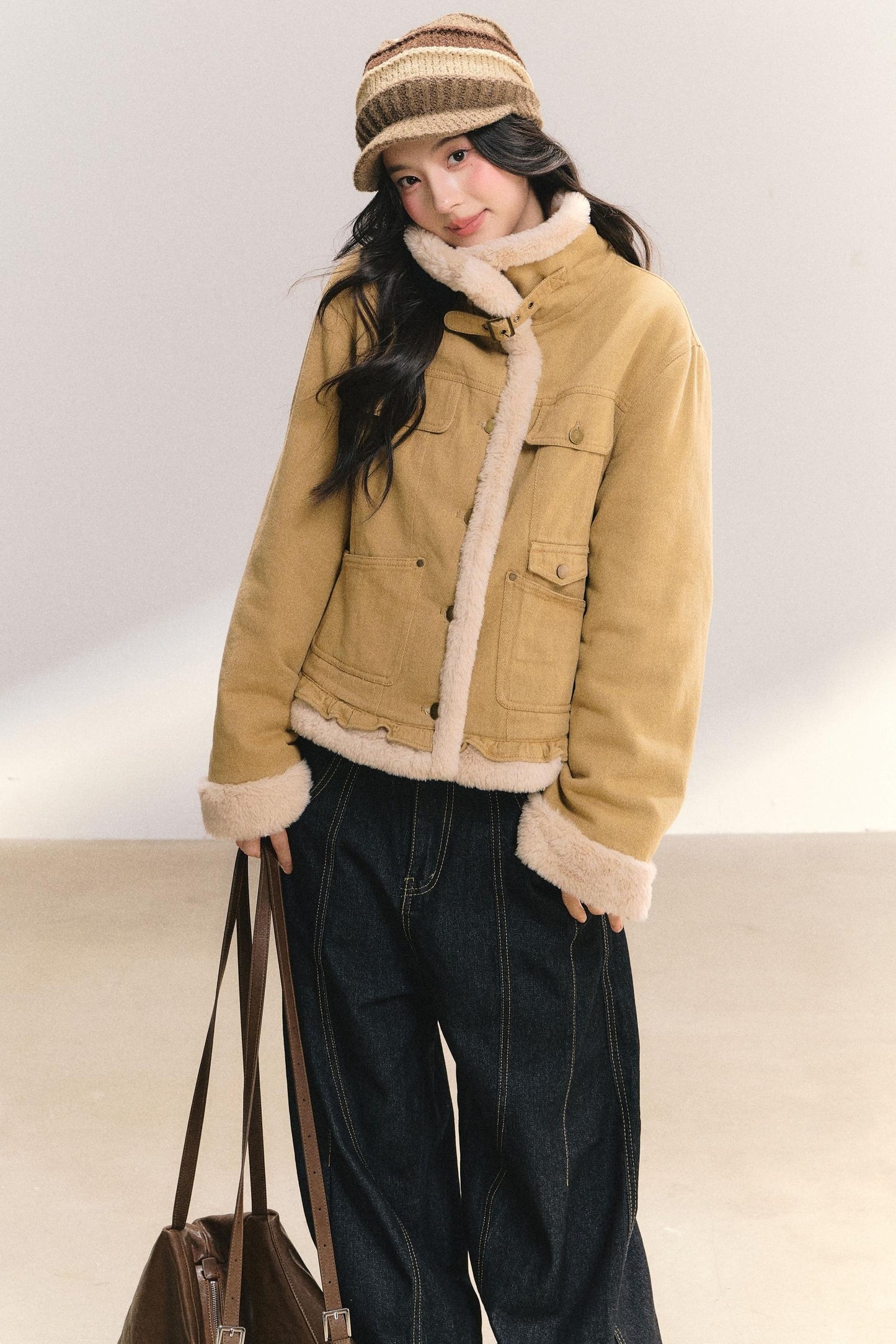 Denim Lace Trim Fur Coat