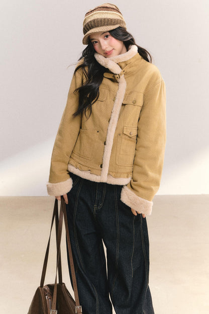 Denim Lace Trim Fur Coat