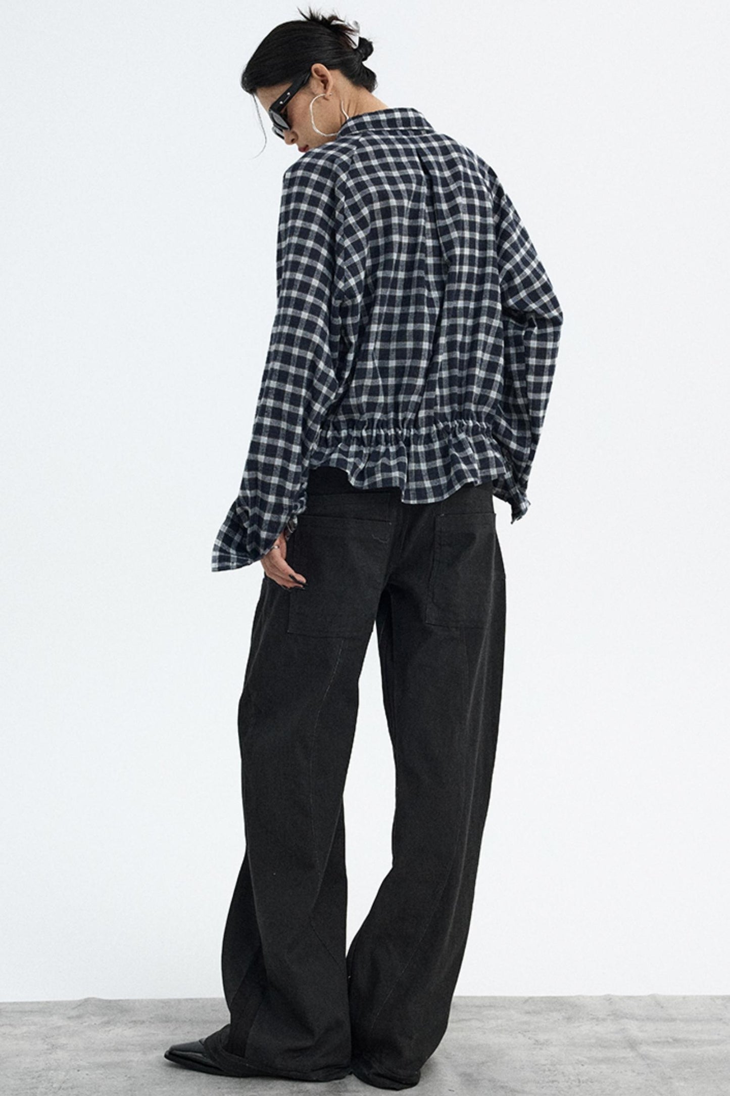 Navy Plaid Drawstring Top