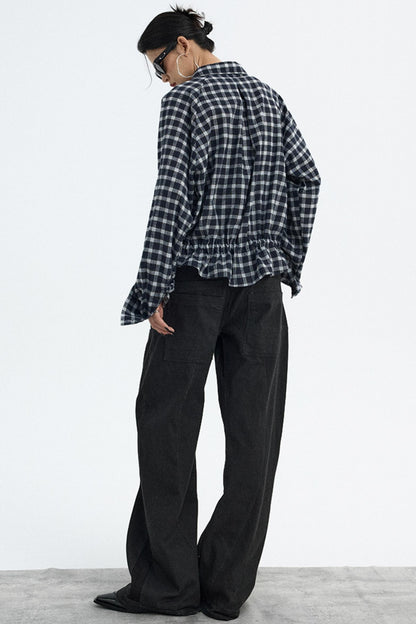 Navy Plaid Drawstring Top