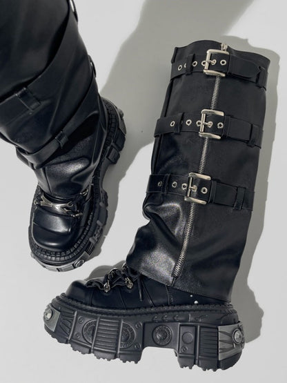 Y2K Punk Style Triple Belt Volume Sole Long Boots