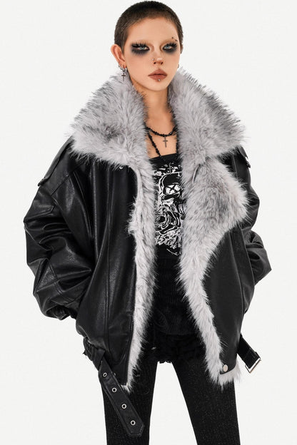 Thickened Pu Leather Fur Collar Jacket