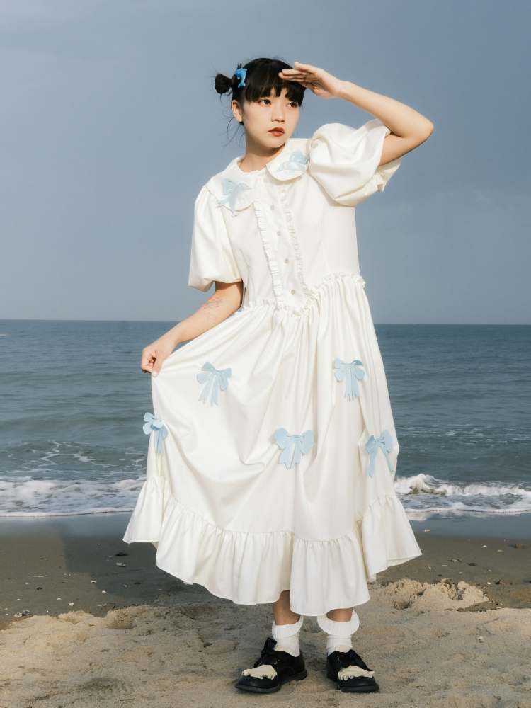 Dolphin Princess Ribbon Embroidery Puff Sleeve Dress