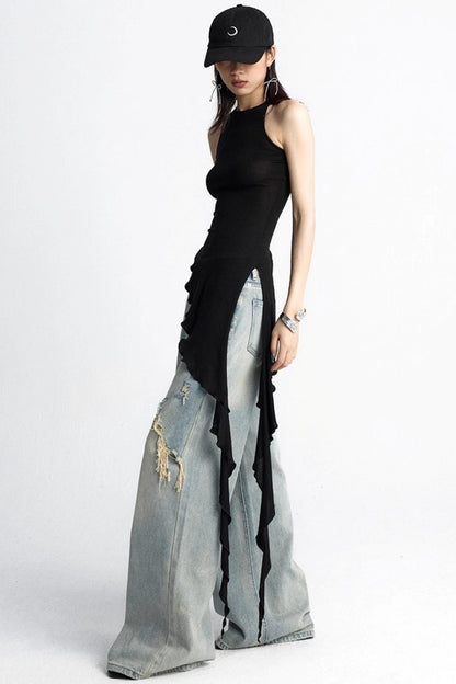 Black Ruffle Streamer Vest