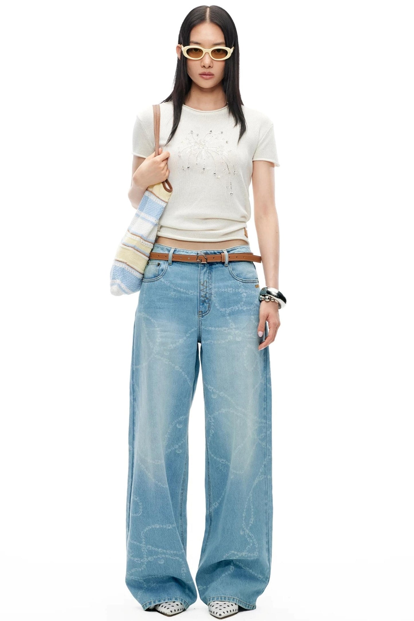 Washed Laser Print Denim Pants