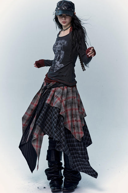 Multi-Layer Check Long Skirt