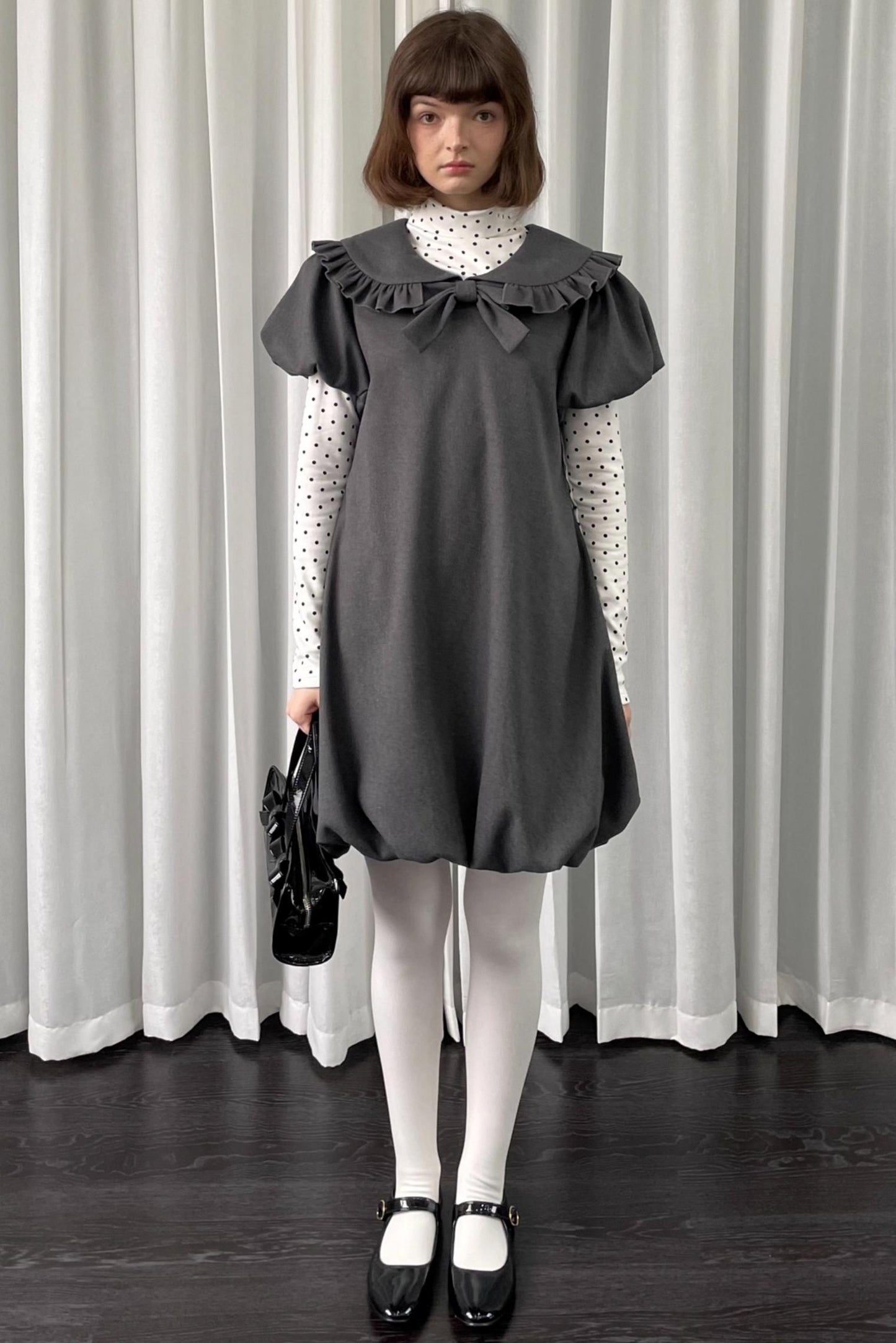 Gray Tweed Bow Lace Puff Sleeve Dress