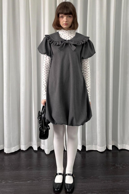 Gray Tweed Bow Lace Puff Sleeve Dress