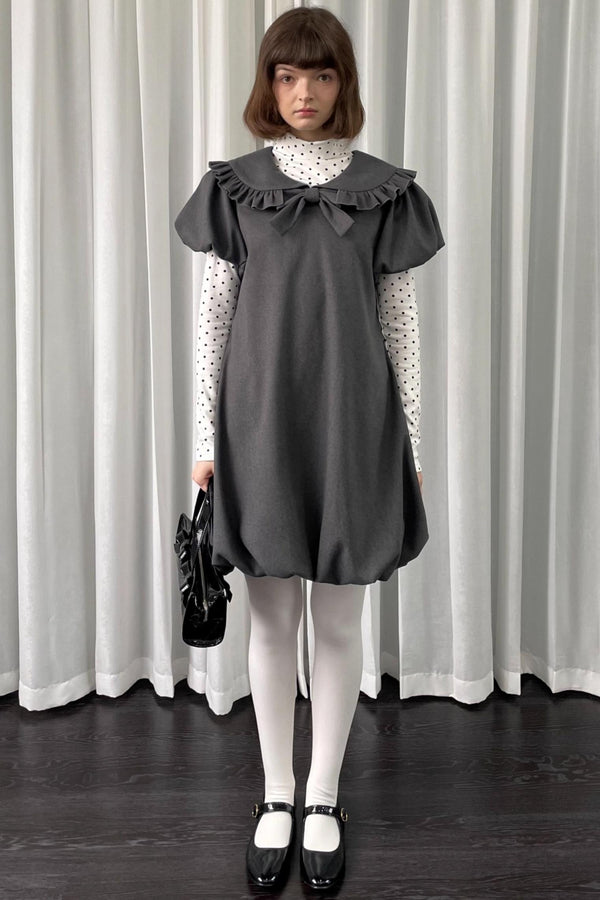 Gray Tweed Bow Lace Puff Sleeve Dress