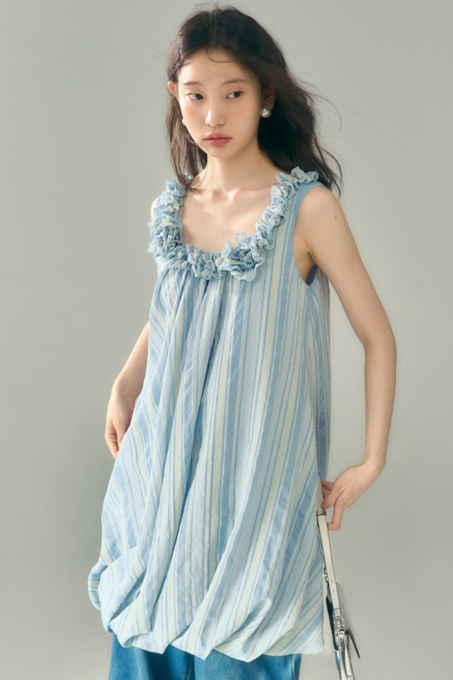Blue Jellyfish Embroidered Striped Vest Dress