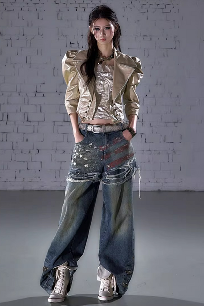 Retro Print Denim Pants