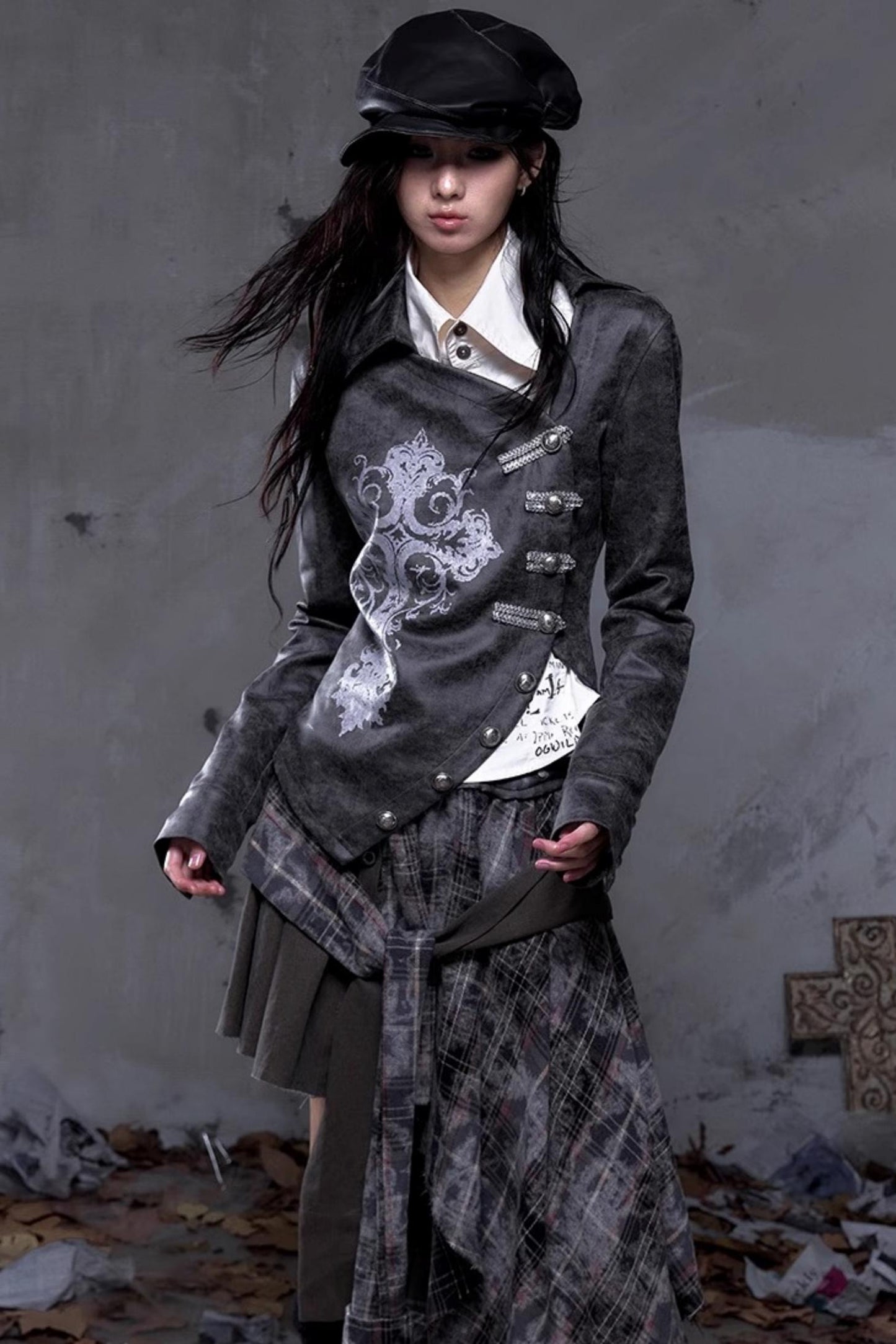 Vintage Slanted Placket Printed Leather Shirt