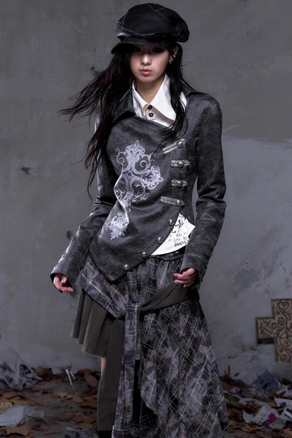 Vintage Slanted Placket Printed Leather Shirt