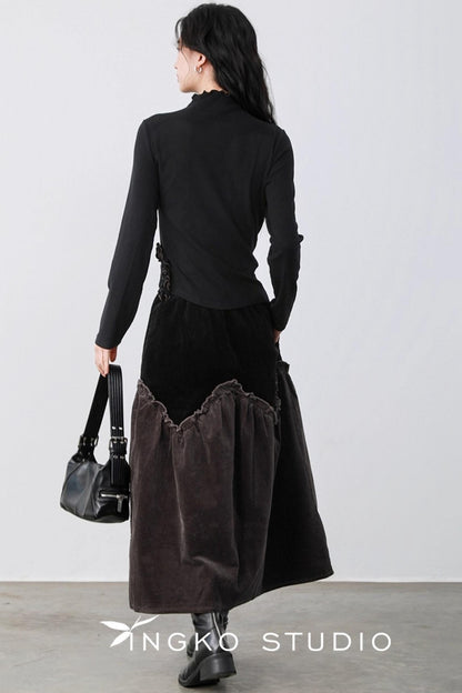 Gray Coffee Spliced Corduroy Skirt