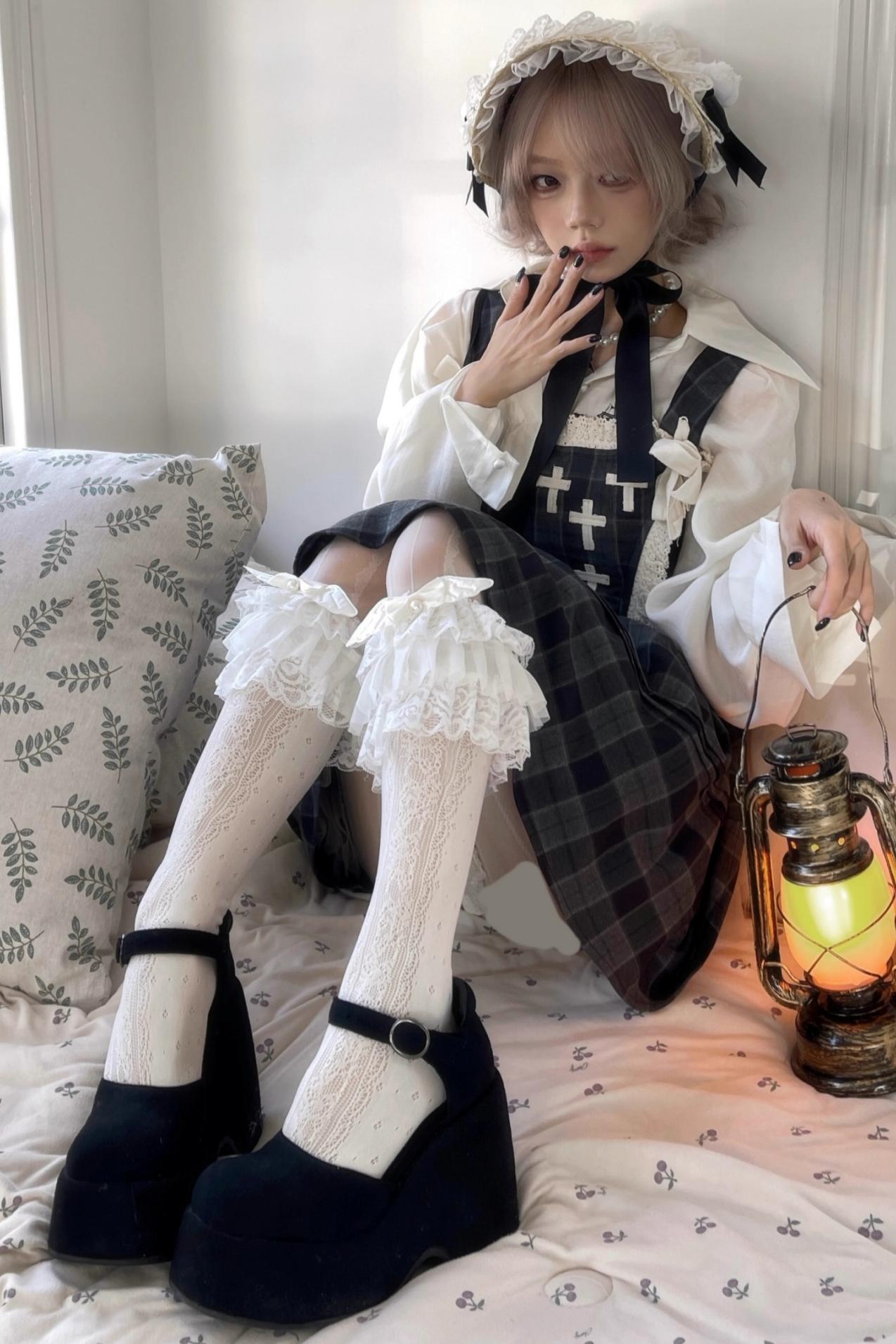 Gray Plaid Waist Cinched Herringbone Lace Bow Tie Dress Set-Up