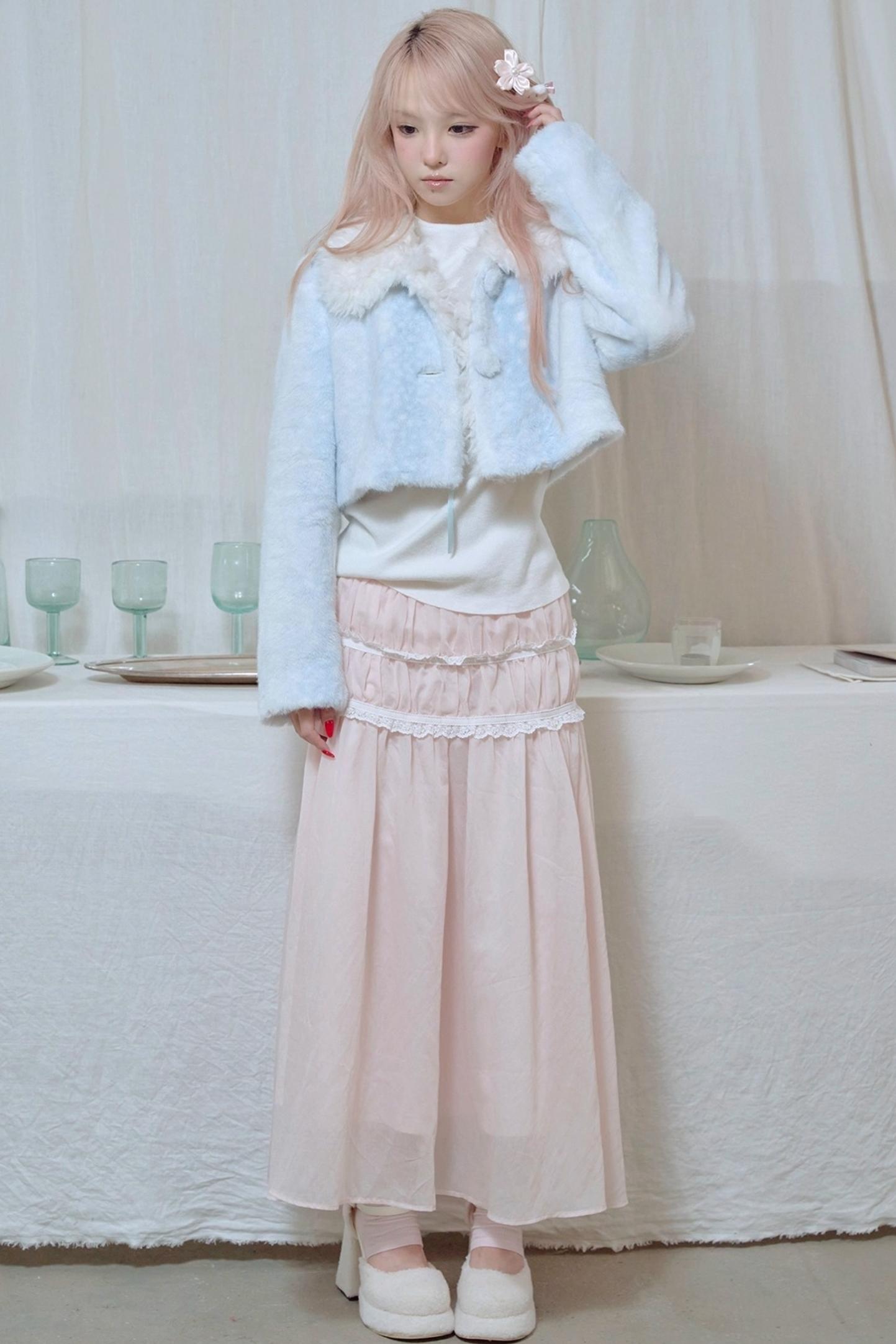 Lace Pleated Panel Pink Long Skirt