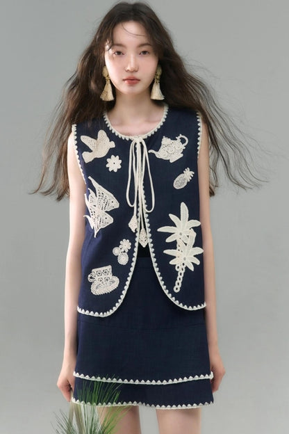 Island Tea Flower Embroidered Top & Skirt Set-Up