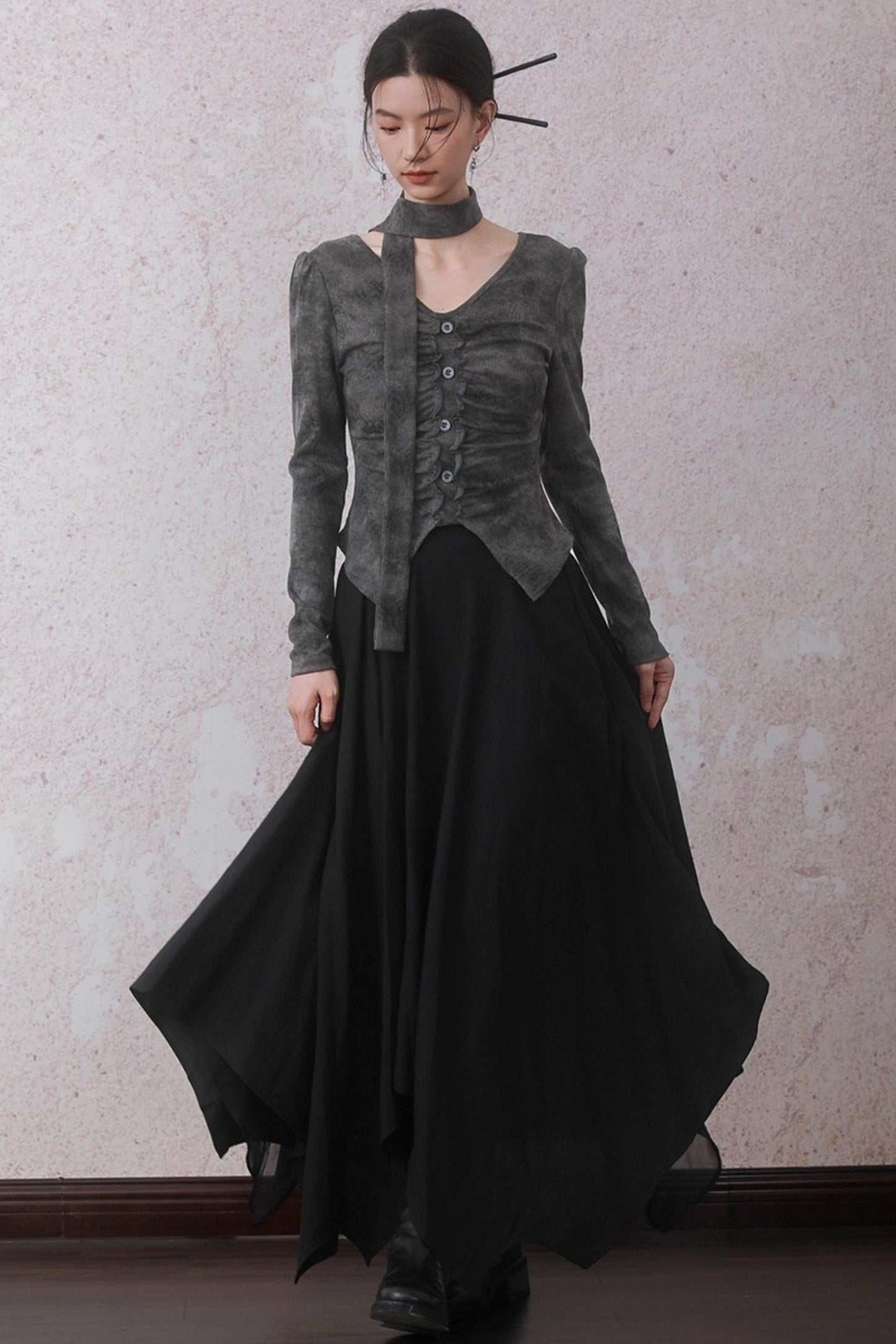 Autumn Gray Tie-dye Knitted V-Neck T-Shirt