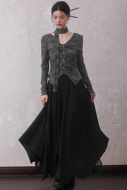 Autumn Gray Tie-dye Knitted V-Neck T-Shirt