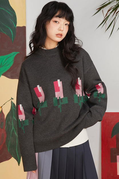 Jacquard Tulip Wool Knit Pullover