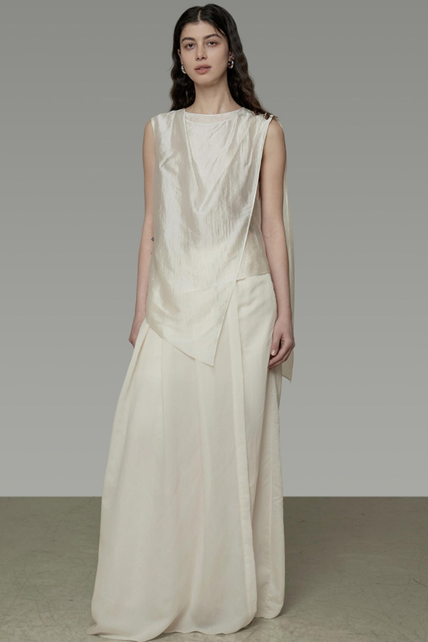 Draped Asymmetric Wide-Leg Trousers