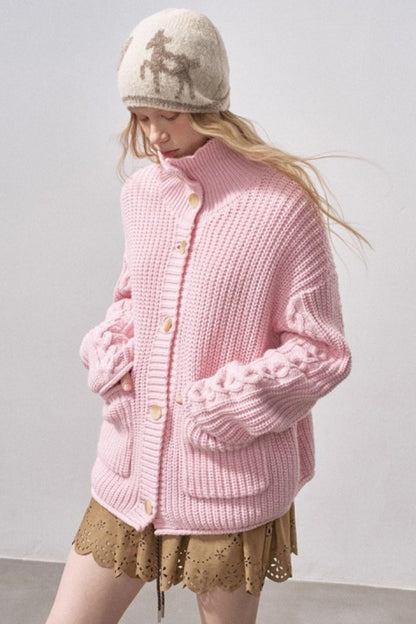 Thick Cable Knit Turtleneck Cardigan