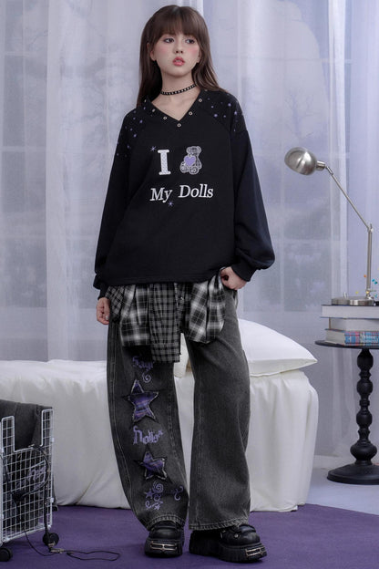 Washed Purple Plaid Star Jeans