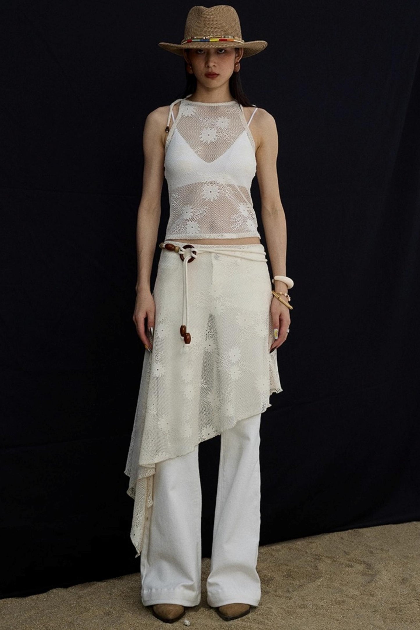 Jacquard Lace-Up Layered Skirt Set-Up