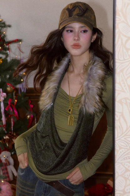 Detachable Fur Collar T-Shirt