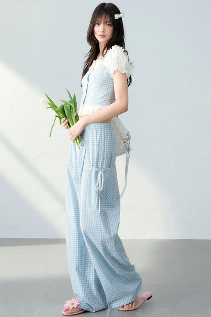 Blue Plaid Off-Shoulder Top Set-Up