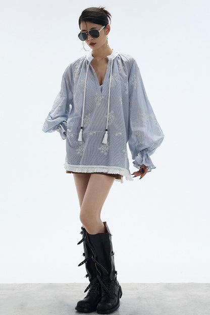 Tassel Stripe Embroidery Top