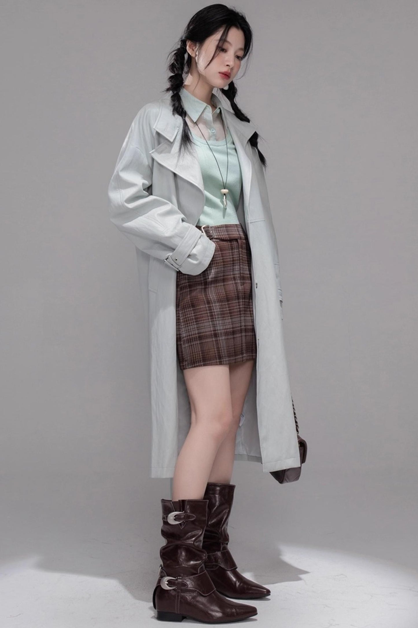 British Style Brushed Plaid With Belted Skirt