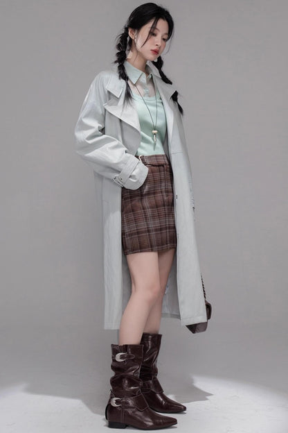 British Style Brushed Plaid With Belted Skirt