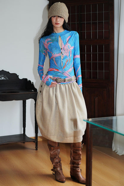 Chinese Mesh Cutout Long-Sleeved Top