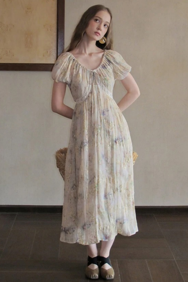 Embroidery Pleated Puff Sleeve Dress