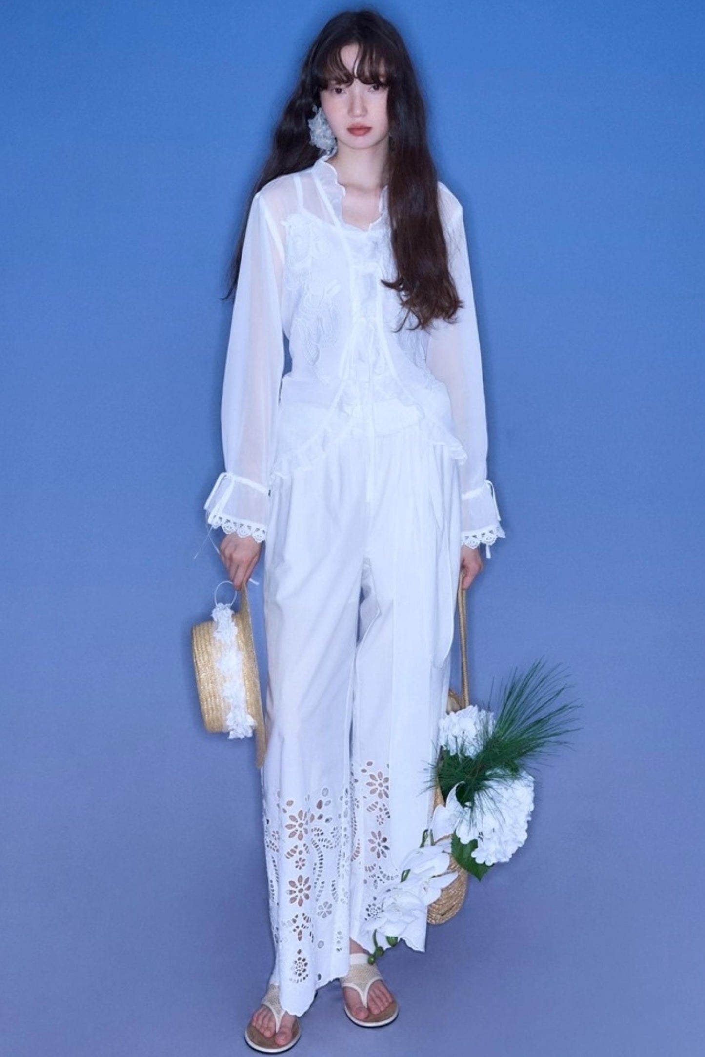 Autumn Lace-Up V-Neck Embroidered Shirt