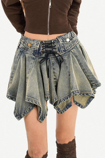 Retro Denim Pleated Skirt