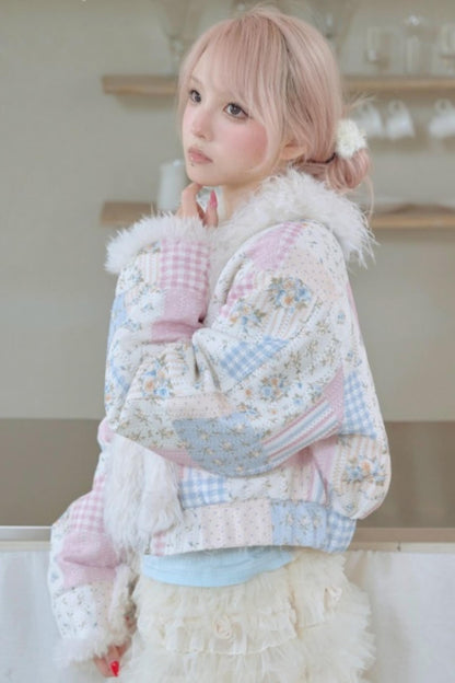 Sweet Floral Patchwork Fur Jacket