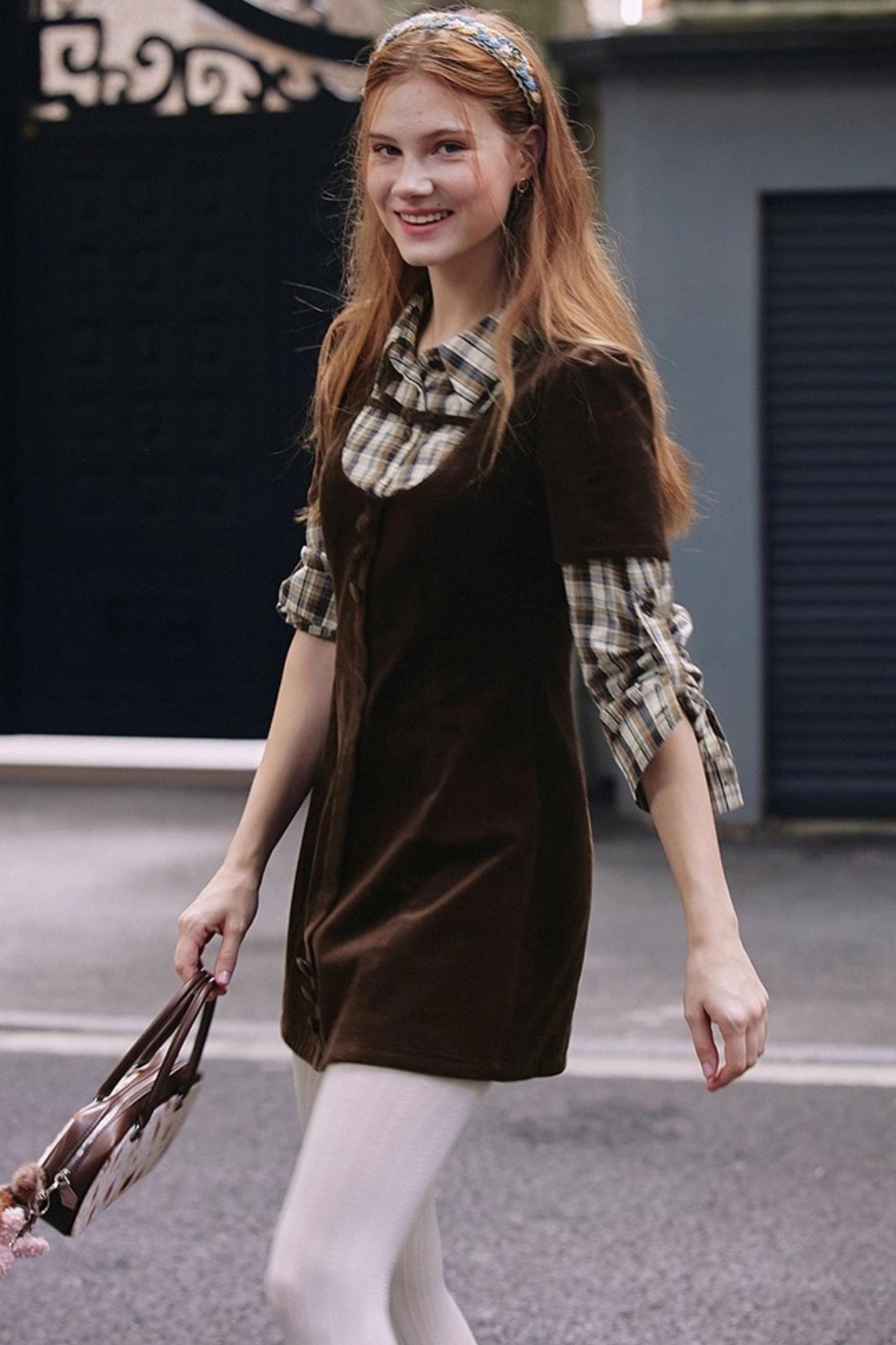 Brown Plaid Corduroy Dress