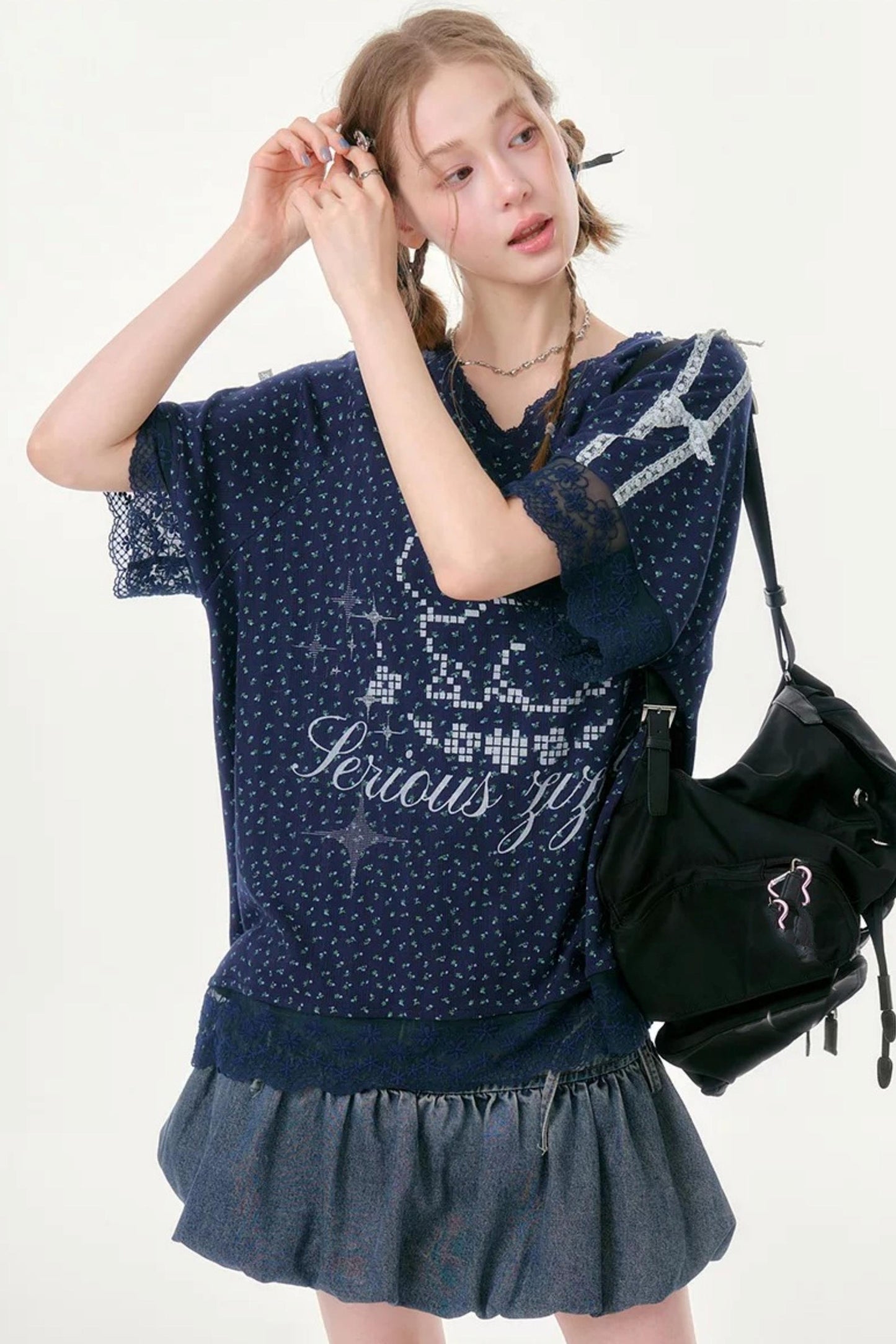 Dark Blue Floral Lace V-Neck T-Shirt