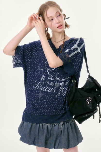 Dark Blue Floral Lace V-Neck T-Shirt
