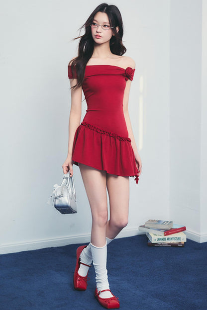 Pink One-Shoulder Drawstring Dress