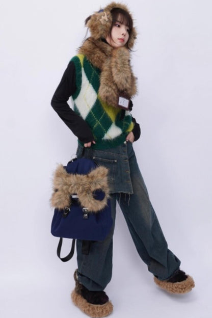 Furry Bear Crossbody Backpack