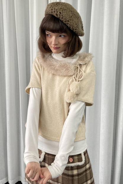 Beige Fur Collar Layered Top