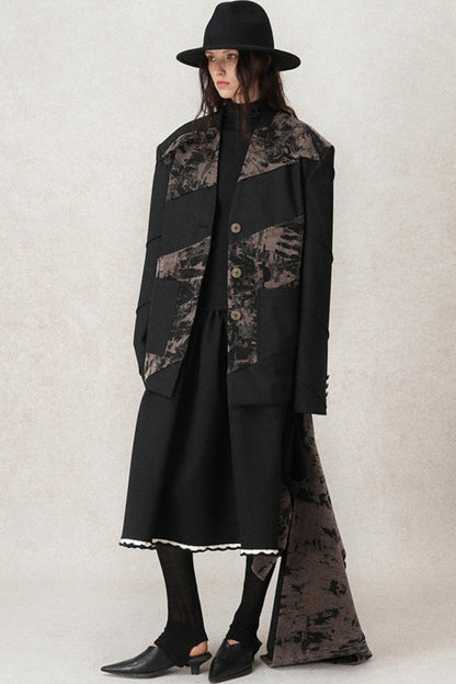 Velvet Panel V-neck Coat With Scarf Set-Up